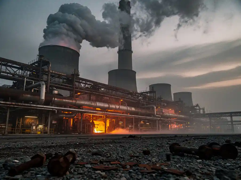 Industriële schoorsteen met dichte rookpluimen boven staalraffinaderij bij schemering, oranje gloed op roestige pijpen en koeltorens.