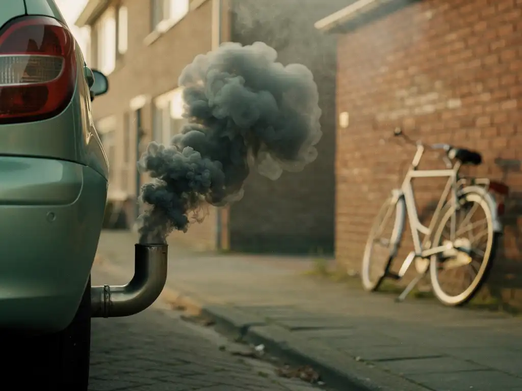 Dikke grijze uitlaatgassen van een auto op een Nederlandse straat, met een fiets tegen een bakstenen muur op de achtergrond.
