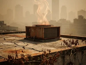 Verroest airconditioningunit op gebarsten, door de zon verschroeid industrieel dak, omgeven door smog en dode vegetatie.