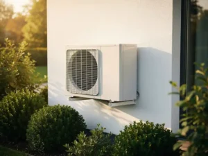 Warmtepomp aan buitenmuur van modern gebouw, omgeven door groene struiken in warm middagzonlicht.
