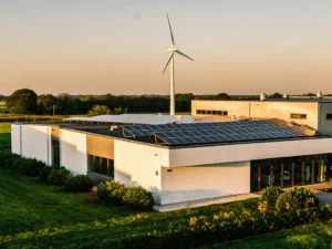 Windturbine en zonnepanelen op een modern Nederlands industriegebouw tijdens het gouden uur, omgeven door weelderig groen.
