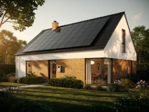 Moderne Nederlandse woning met zonnepanelen op het dak, energiemeter op nul, omringd door weelderig groen in warm zonlicht.