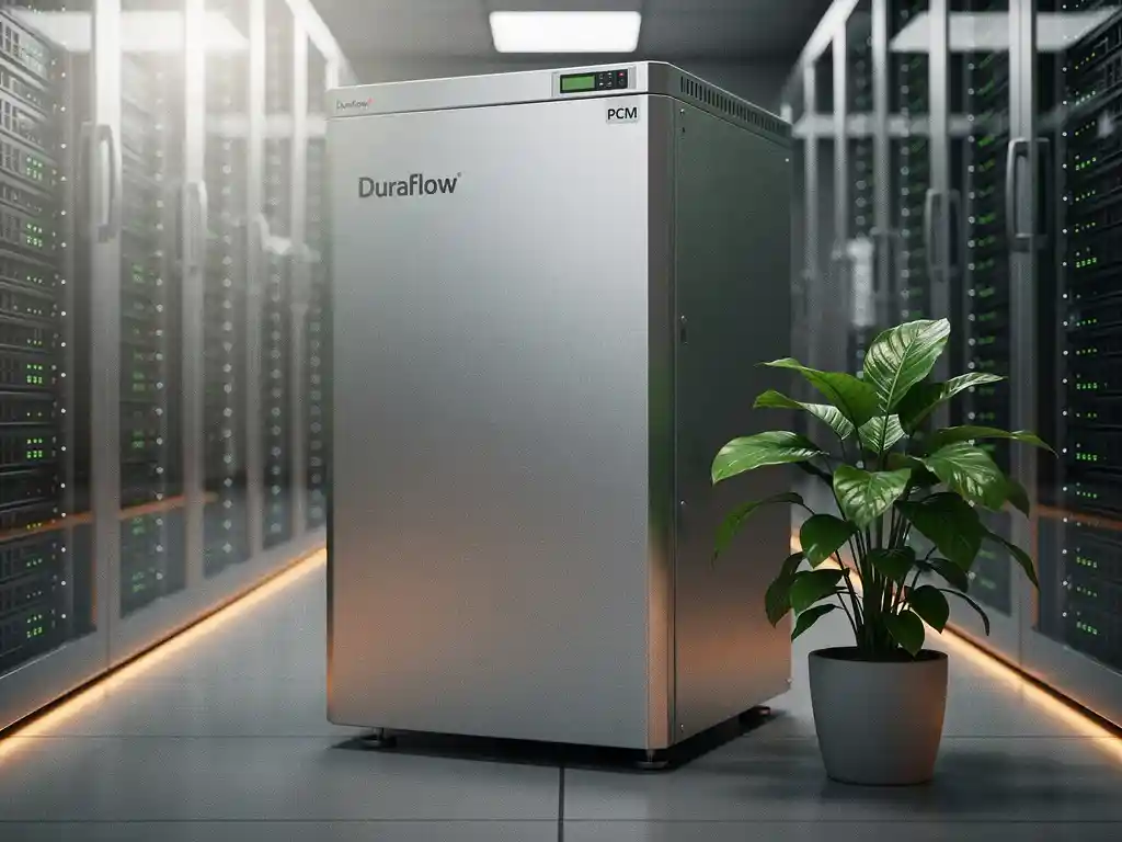 Duraflow PCM-koeleenheid in een moderne serverruimte naast een groene plant, omgeven door verlichte serverracks.