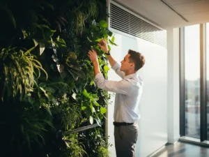 Jonge professional in casual kantoorkleding verzorgt groene plantenwand in modern energiezuinig kantoor met PCM-koelpanelen en natuurlijk daglicht.