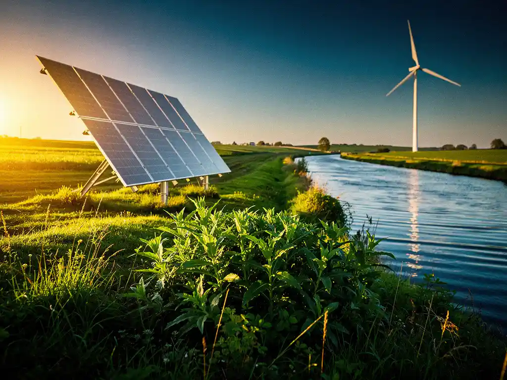 Zonnepaneel, windturbine, stromend water en groene biomassa in Nederlands polderlandschap tijdens gouden uur.