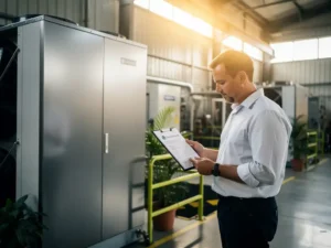 Inkoopmanager met klembord controleert duurzaamheidscertificaat naast energiezuinige koelunit in moderne industriële faciliteit.