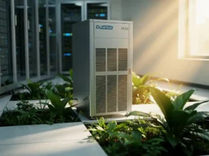 Duraflow PCM koeleenheid in serverruimte omgeven door weelderige groene planten en warm goudkleurig licht, symbool voor duurzaamheid.