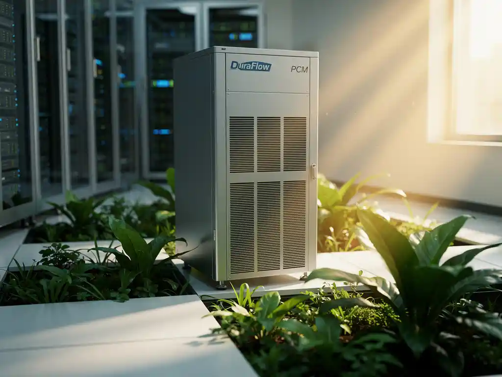 Duraflow PCM koeleenheid in serverruimte omgeven door weelderige groene planten en warm goudkleurig licht, symbool voor duurzaamheid.
