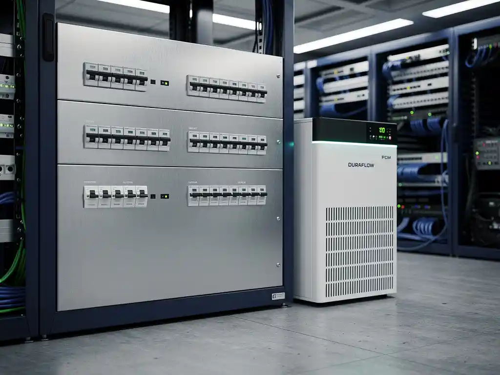 Industrieel elektrisch verdeelpaneel met moderne schakelkasten en PCM-koelunit in een serverruimte met betonnen vloer.