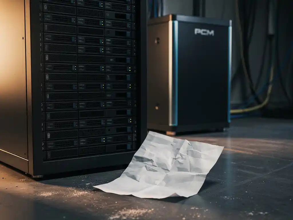 Verfrommelde energierekening naast een serverrack in donkere technische ruimte, met een PCM-koelunit op de achtergrond.
