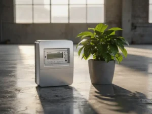 Energiemeter en groen plant op betonnen industrieel oppervlak, verlicht door natuurlijk daglicht vanuit fabrieksraam.