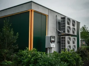 Nederlands bedrijfsgebouw met industriële koelunits op betonnen gevel en energiemeter die drastische verbruiksreductie toont, omgeven door groen.
