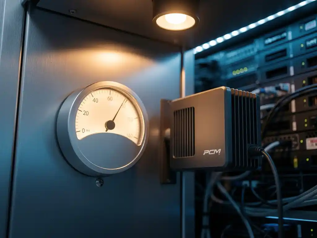 Energiemeter met gloeiende analoge wijzerplaat naast een PCM-koeleenheid in een industriële serverruimte met blauw omgevingslicht.