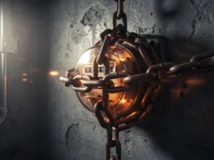 Zware stalen ketting om een gloeiende industriële energiemeter op een verweerde betonnen muur, dramatische zijverlichting.