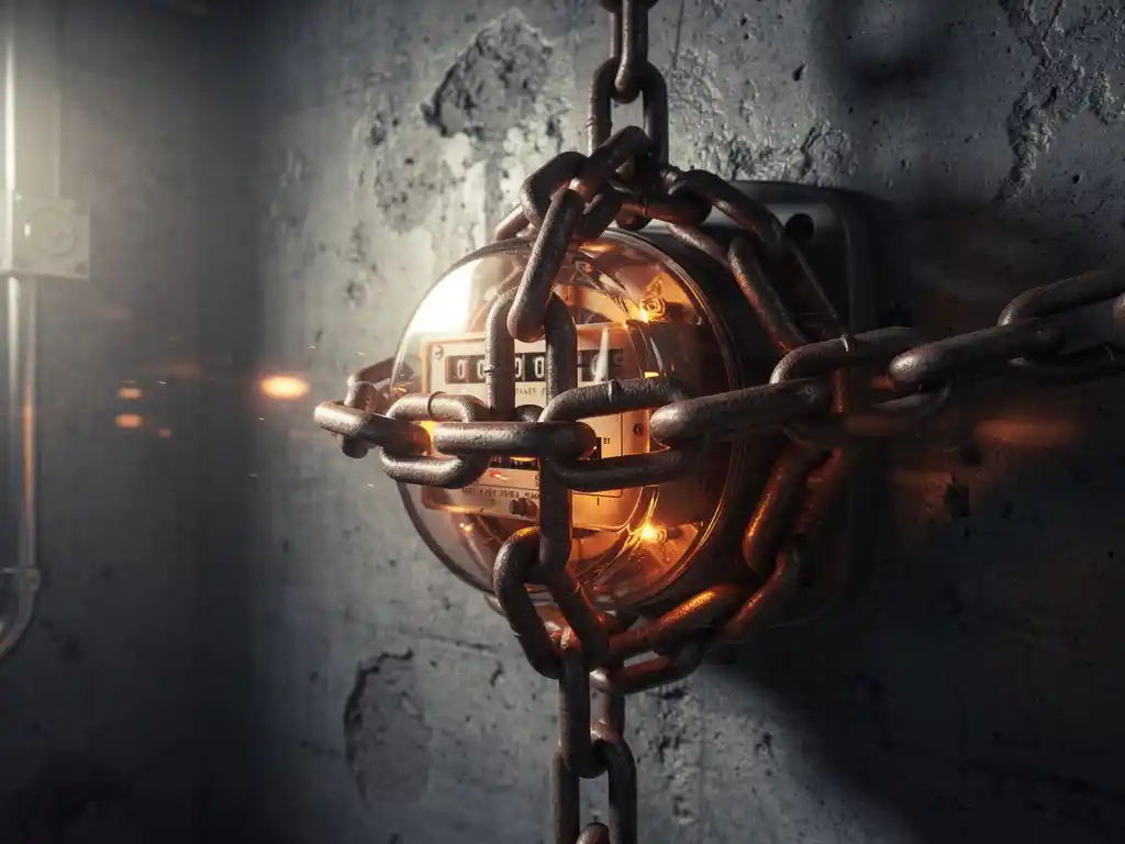 Zware stalen ketting om een gloeiende industriële energiemeter op een verweerde betonnen muur, dramatische zijverlichting.
