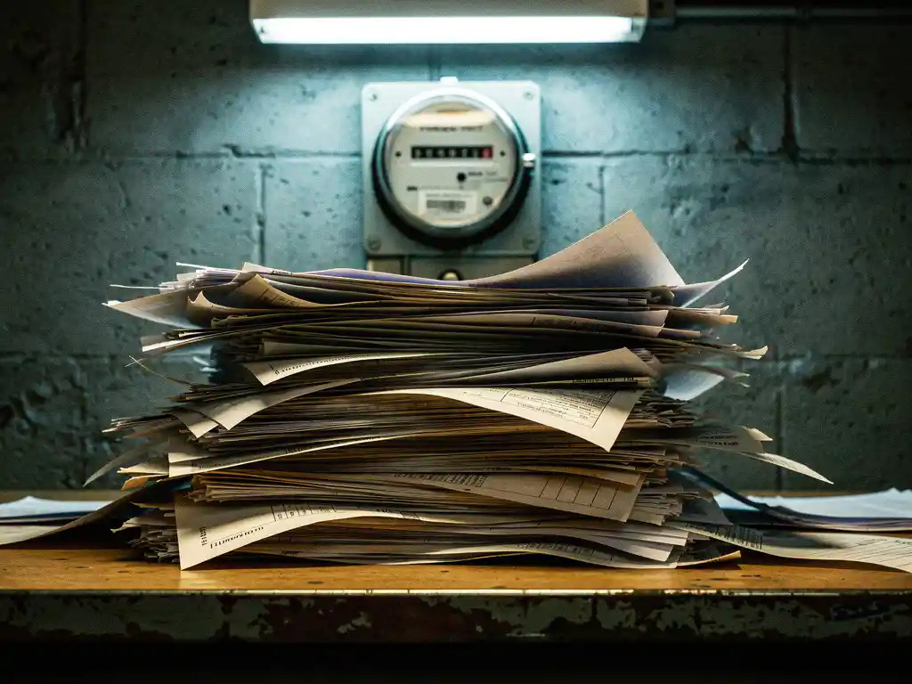 Stapel onbetaalde energiefacturen op industrieel bureau met analoge elektriciteitsmeter aan betonnen muur op de achtergrond.