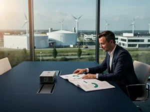 Facilitair manager presenteert energierapport in vergaderzaal met PCM-koelunit op tafel en industriële Nederlandse skyline op de achtergrond.
