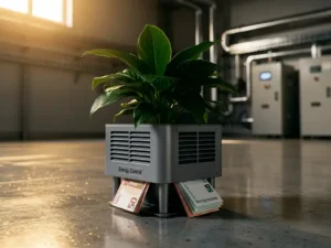 Groene plant die opgroeit uit een industriële koelunit op betonvloer, met eurobiljetten en energierekeningen eronder, in een moderne technische ruimte.
