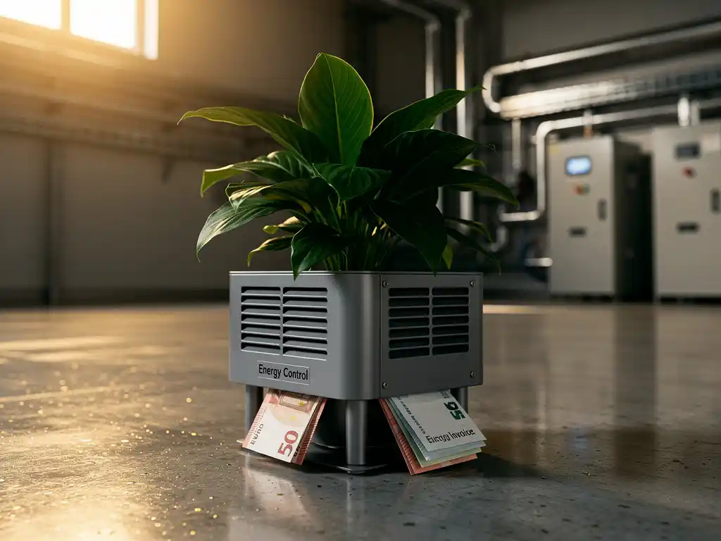 Groene plant die opgroeit uit een industriële koelunit op betonvloer, met eurobiljetten en energierekeningen eronder, in een moderne technische ruimte.