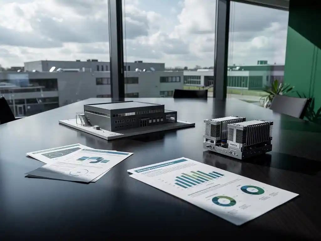 Boardroomtafel met architectuurmaquette van industrieel gebouw, energierapporten en PCM-koelprototype, met Nederlands stadsgezicht op de achtergrond.