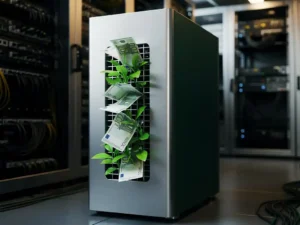 PCM-koeleenheid in serverruimte met eurobiljetten en groene plantenscheuten uit ventilatieroosters, symbool voor energiebesparing.