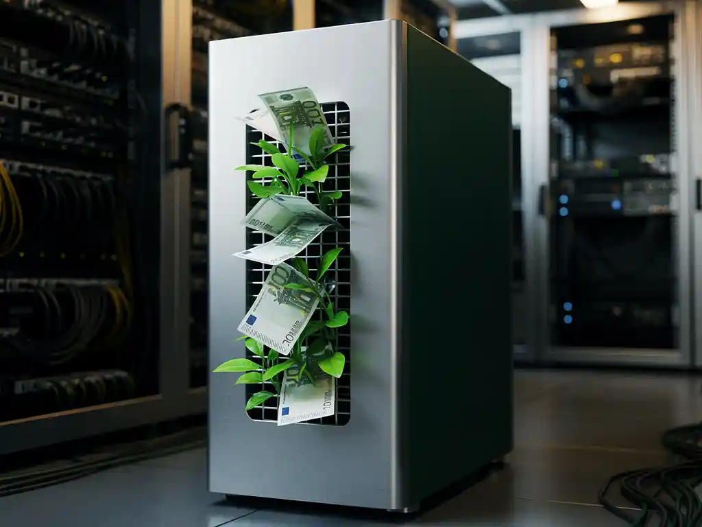 PCM-koeleenheid in serverruimte met eurobiljetten en groene plantenscheuten uit ventilatieroosters, symbool voor energiebesparing.