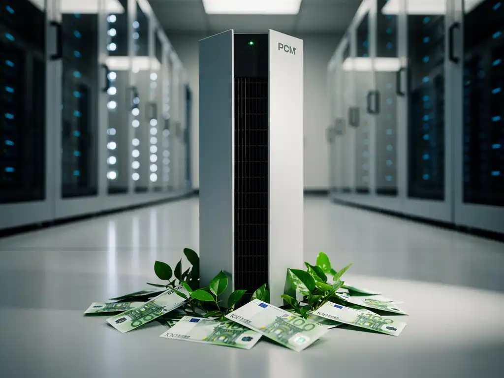 PCM-koeleenheid in moderne serverruimte met eurobiljetten en groene bladeren aan de basis, symbool voor energiezuinige koeling.