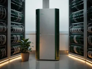 PCM-koeleenheid in moderne serverruimte met georganiseerde kabelrekken en groene plant, symboliserend duurzame datacenterkoe­ling.