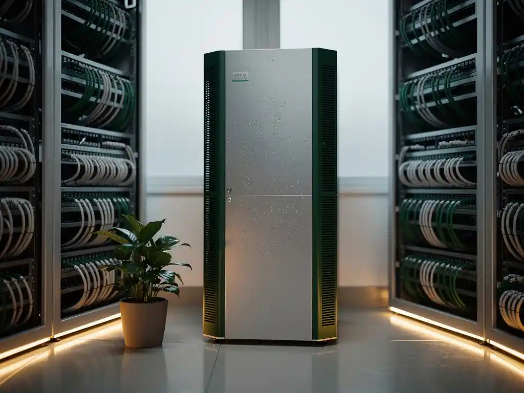 PCM-koeleenheid in moderne serverruimte met georganiseerde kabelrekken en groene plant, symboliserend duurzame datacenterkoe­ling.