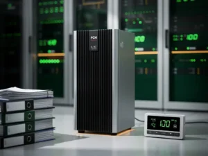 PCM-koeleenheid in serverruimte met energiemeter, technische documentatie en groene indicatielampjes op apparatuurrekken.