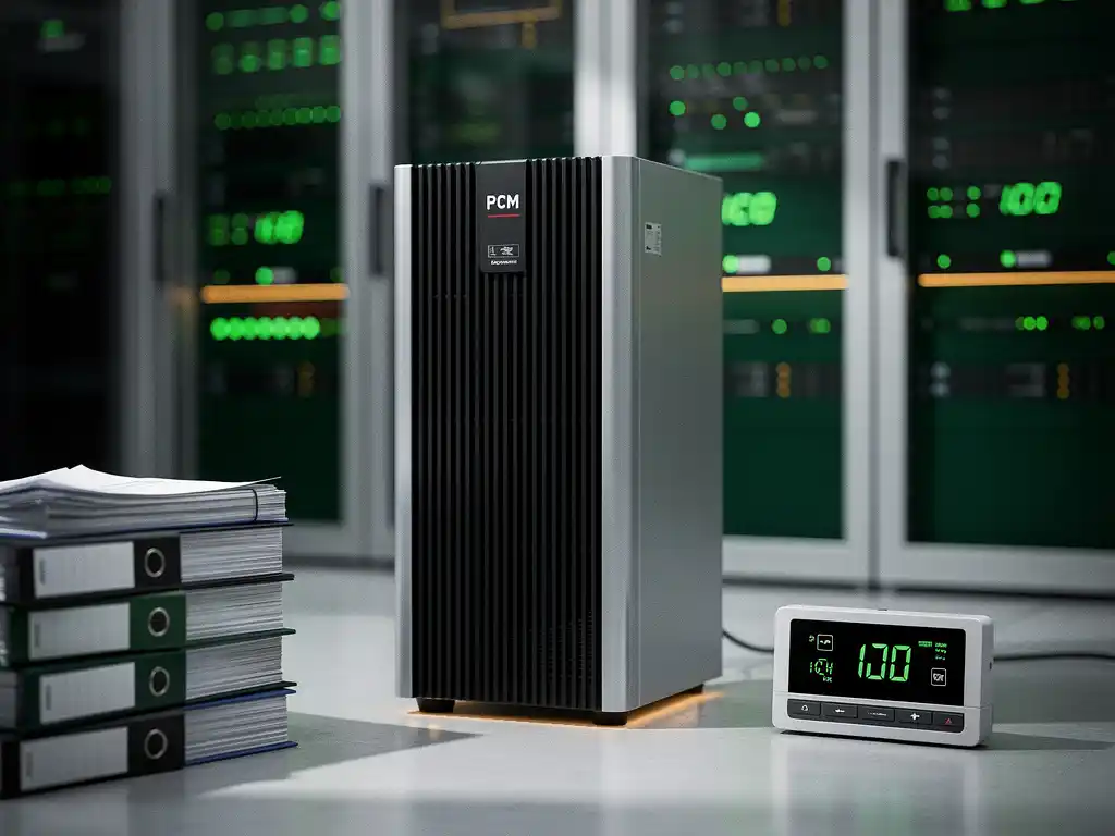 PCM-koeleenheid in serverruimte met energiemeter, technische documentatie en groene indicatielampjes op apparatuurrekken.