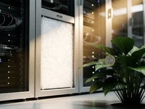 PCM-koeleenheid in serverruimte met fase-wisselpanelen, apparatuurrekken, groene plant en een euromuntstuk op de vloer.