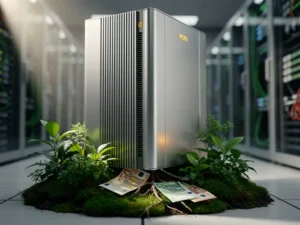 PCM-koelunit in serverruimte met groene mos aan de basis en eurobiljetten eronder, symbool voor energiebesparing en kostenreductie.
