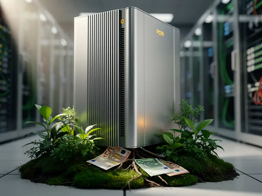 PCM-koelunit in serverruimte met groene mos aan de basis en eurobiljetten eronder, symbool voor energiebesparing en kostenreductie.