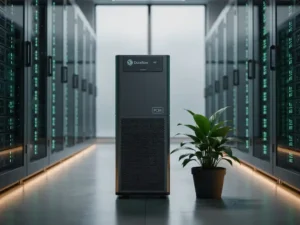Duraflow PCM-koeleenheid in een moderne serverruimte met verlichte serverracks en een groen plantje als symbool voor duurzaamheid.