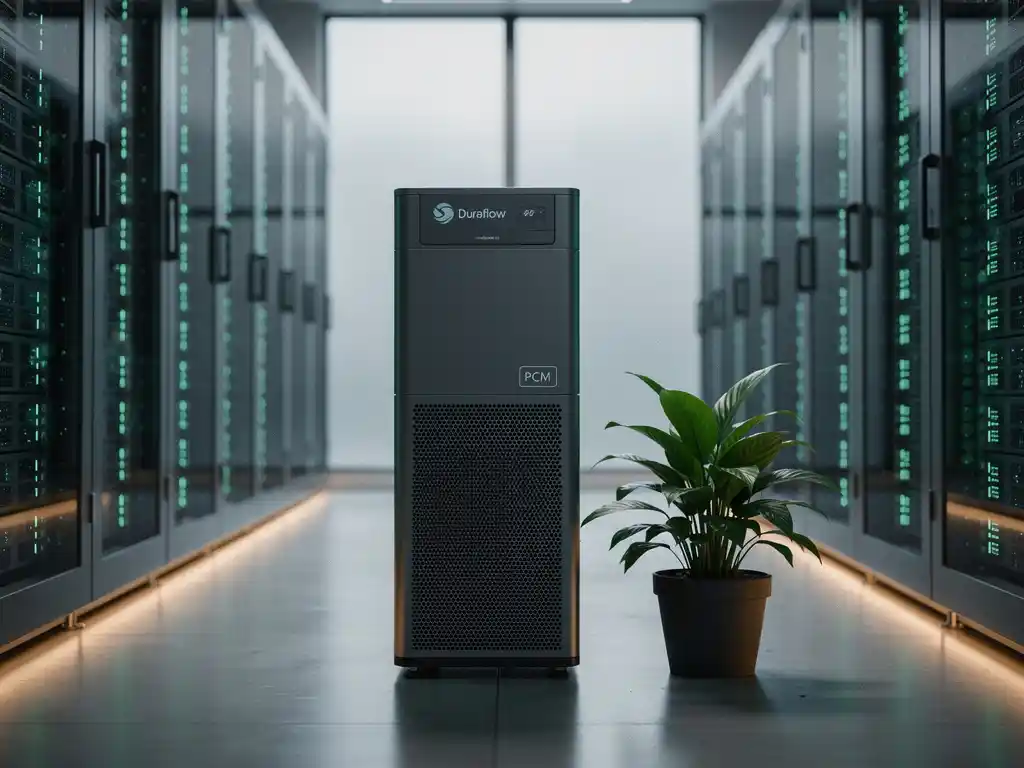 Duraflow PCM-koeleenheid in een moderne serverruimte met verlichte serverracks en een groen plantje als symbool voor duurzaamheid.