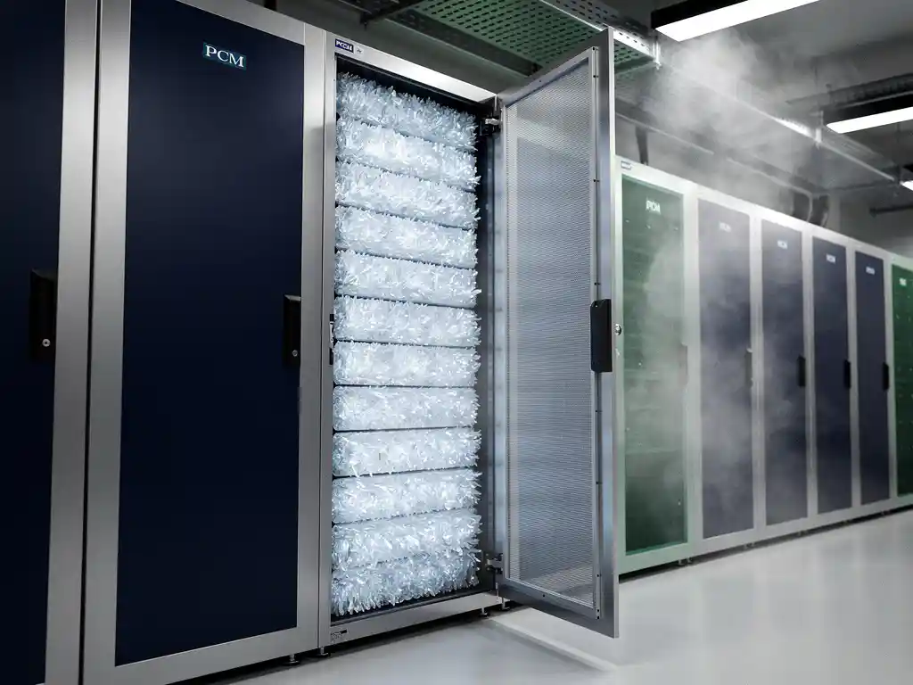 PCM-koelunit in serverruimte met zout-hydraat panelen in open kast, energiemeters tonen lage verbruikswaarden.