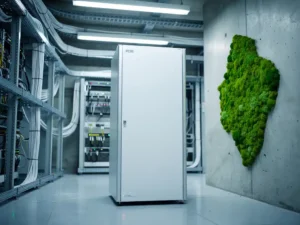 Wit PCM-koelunit in een moderne serverruimte met georganiseerde kabelgoten en groene mos op betonnen muur.