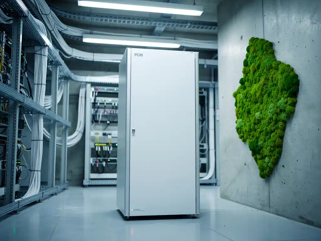 Wit PCM-koelunit in een moderne serverruimte met georganiseerde kabelgoten en groene mos op betonnen muur.