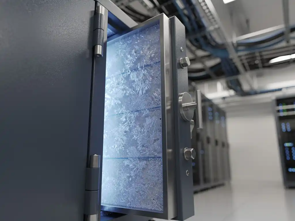 Stalen serverroomkluis op een kier met vorst bedekte PCM-koelpanelen die blauw oplichten, zichtbare kabelgoten op de achtergrond.