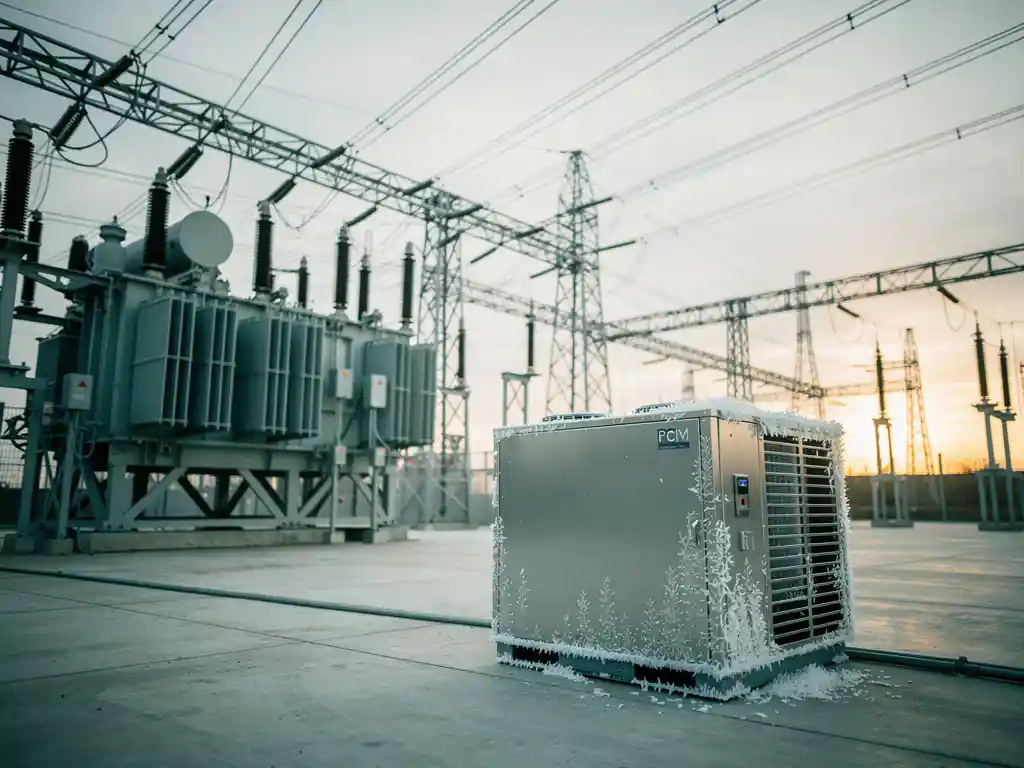 Elektrisch verdeelstation met overbelaste hoogspanningslijnen en een PCM-koelunit op betonnen vloer, rijppatronen zichtbaar op het oppervlak.