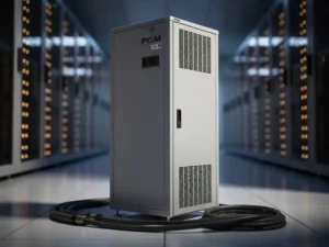 Vrijstaande PCM-koeleenheid in serverruimte met loshangende stroomkabels op de vloer en verlichte serverracks op de achtergrond.