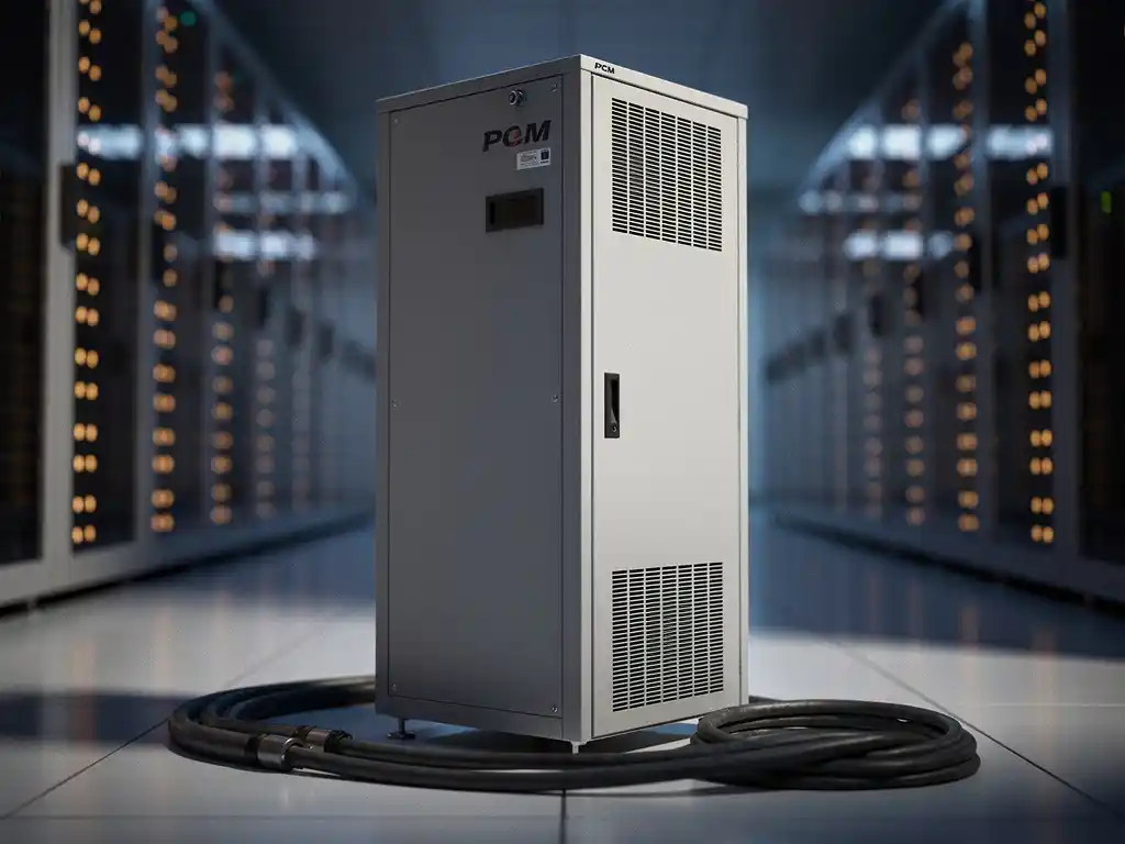 Vrijstaande PCM-koeleenheid in serverruimte met loshangende stroomkabels op de vloer en verlichte serverracks op de achtergrond.