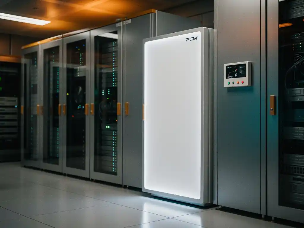 PCM-koeleenheid met witte panelen in een moderne serverruimte, verlicht door warm amber licht met een energiemeter aan de muur.