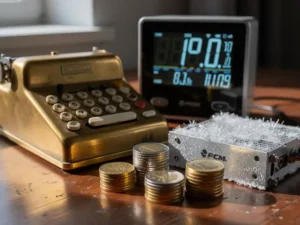 Vintage messing rekenmachine naast een energiemeter, gestapelde euromunten en een PCM-koelpaneel met vorstcondensatie op een houten bureau.
