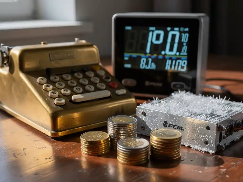 Vintage messing rekenmachine naast een energiemeter, gestapelde euromunten en een PCM-koelpaneel met vorstcondensatie op een houten bureau.