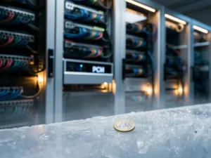 PCM-koeleenheid in serverruimte met verlichte serverracks, een euromunt op bevroren zoutpaneel symboliseert belastingvoordeel.