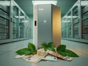 PCM-koeleenheid in serverruimte met eurobiljetten en groene takjes aan de voet, zachte verlichting op zilverkleurig apparatuur.
