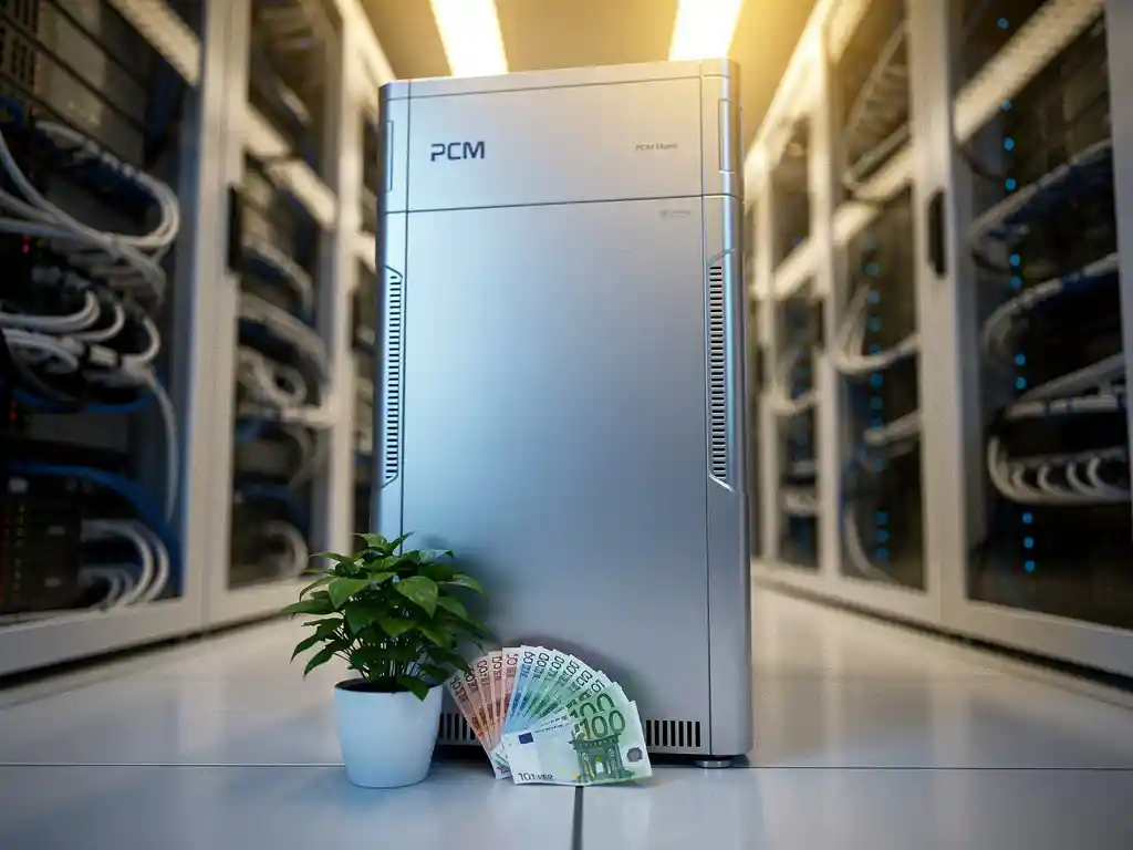 PCM-koeleenheid in serverruimte met eurobiljetten en groen plantje aan de voet, stalen blauwe panelen in warm goudkleurig licht.