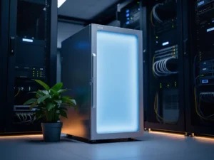 PCM-koeleenheid in moderne serverruimte met ijsblauw gloeiend fasewisselmateriaal-paneel tussen apparatuurrekken.